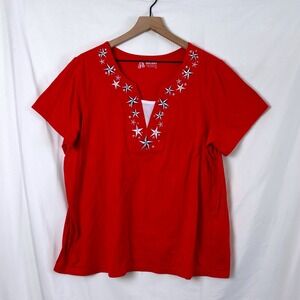 Holiday Editions Womens T Shirt Size 1X Red Star Embroidered Patriotic Americana